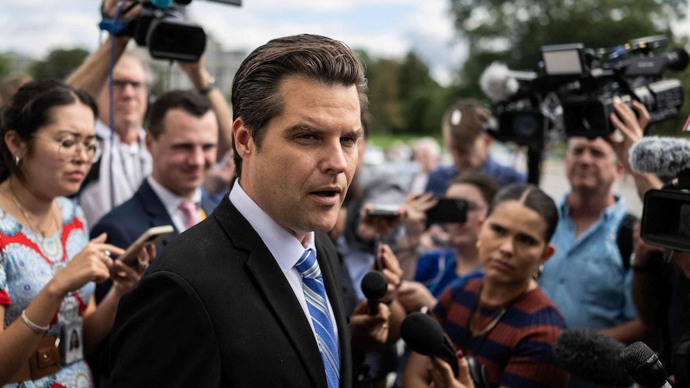 Matt Gaetz speaks to a crowd of reporters, highlighting his influential role in the movement to oust Kevin McCarthy from leadership