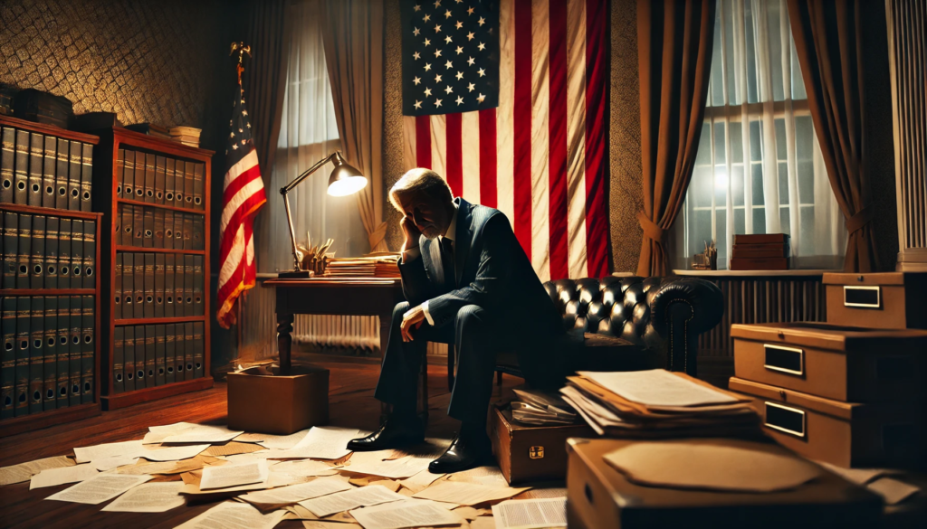 Matt Gaetz sitting in a dimly lit office surrounded by scattered documents, reflecting on his decline in political influence and standing, symbolized by the American flag in the background.